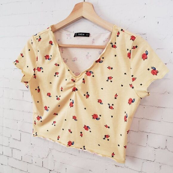 Shein Floral Crop Top Yellow Red Rose Print Y2K - Picture 2 of 7